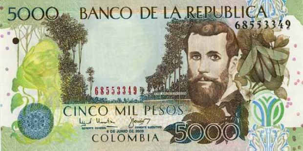 Купюра номиналом 5000 колумбийских песо, лицевая сторона